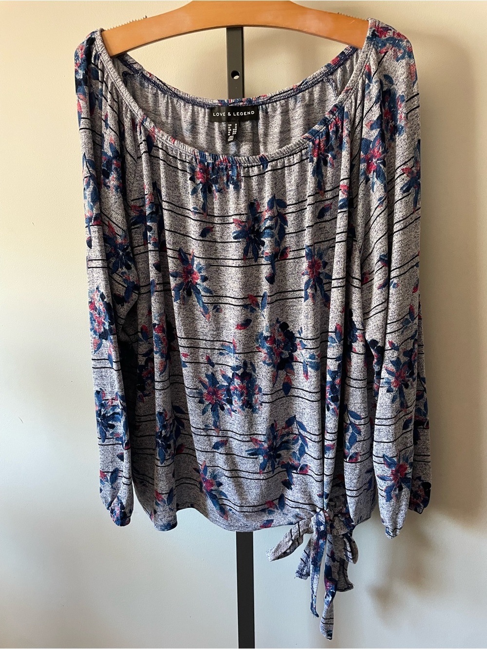 Love & Legend Floral Front Tie Long Sleeve Blouse Top Grey Plus Size 3X